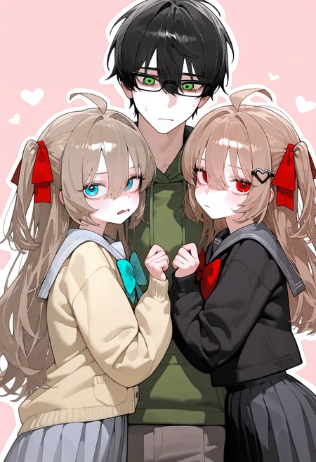 <lora:eatsleep111SDXL:0.75>, best quality, masterpiece, eatsleep1111, 2girls, sisters, 1boy, height difference, upper body, pastel pink background, white outline, sandwiched, [neuro-sama, yellow cardigan, blue eyes, serafuku, grey skirt, aqua bow, aqua bowtie, grey sailor collar, two side up, white heart hair ornament, brown hair, long hair, red ribbon, hair ribbon], [evil neuro-sama, black sailor collar, black cardigan, brown hair, black serafuku, red eyes, black skirt, two side up, black heart hair ornament, red bow, red bowtie, long hair, red ribbon, hair ribbon], [vedal987, green hoodie, pants, hood, glasses, green eyes, nervous, black hair, short hair, two parted bangs, tall male, messy hair, short haired male], <lora:NeuroEvilVedalNoob11:1>,