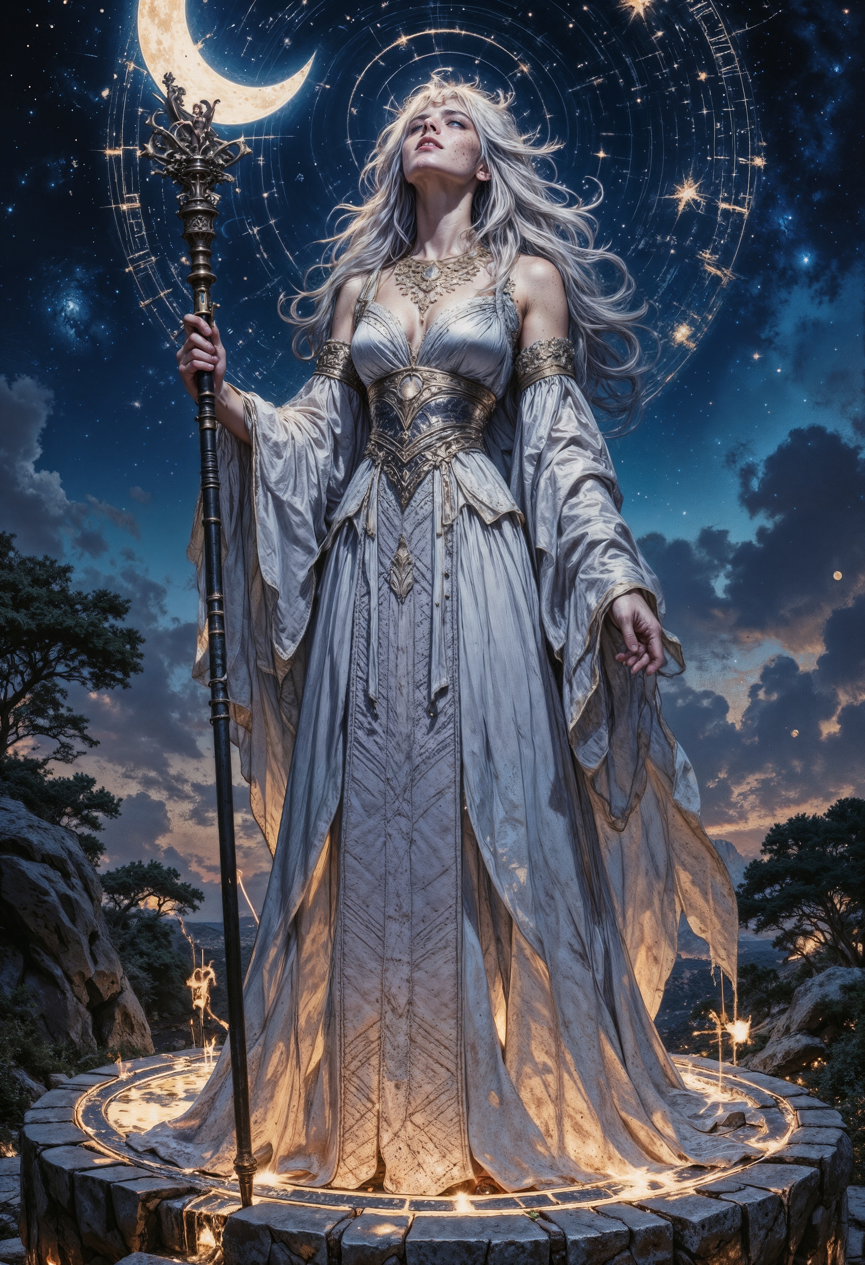A celestial witch standing atop an ancient observatory, her shimmering gown reflecting the constellations above. Her long silver hair floats weightlessly, as though caught in an eternal breeze, and a delicate circlet of stars rests upon her brow. In her hand, she holds a staff ending in a crescent moon, glowing with a soft, ethereal light. The stone platform beneath her feet is carved with glowing runes, pulsating in rhythm with the stars. She gazes skyward, as if commanding the heavens themselves. <lora:FluxMythG0thicL1nes:0.6> <lora:FluxMythR3alisticF:0.5> <lora:RetroAnimeFluxV1:0.6> <lora:OB半写实肖像画V2.0:0.6>