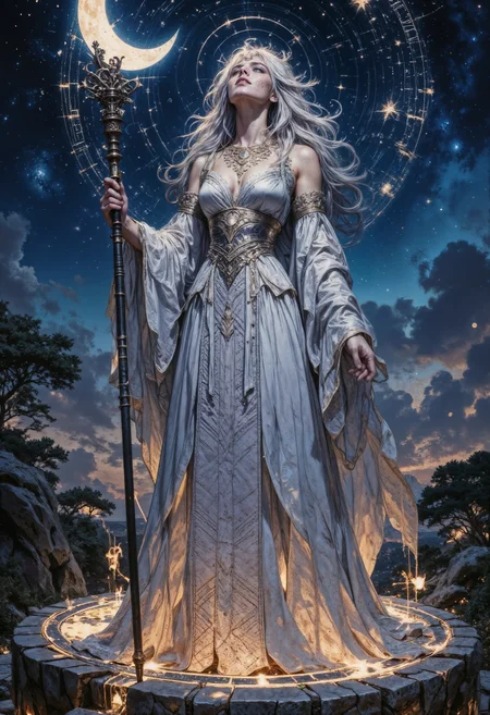 A celestial witch standing atop an ancient observatory, her shimmering gown reflecting the constellations above. Her long silver hair floats weightlessly, as though caught in an eternal breeze, and a delicate circlet of stars rests upon her brow. In her hand, she holds a staff ending in a crescent moon, glowing with a soft, ethereal light. The stone platform beneath her feet is carved with glowing runes, pulsating in rhythm with the stars. She gazes skyward, as if commanding the heavens themselves. <lora:FluxMythG0thicL1nes:0.6> <lora:FluxMythR3alisticF:0.5> <lora:RetroAnimeFluxV1:0.6> <lora:OB半写实肖像画V2.0:0.6>