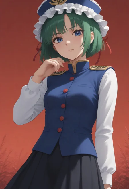 1girl, solo, solo focus, highres, absurdres, shikieiki, green hair, frilled hat, blue eyes, blue headwear, short hair,
long sleeves, black skirt, white shirt, blue vest, red ribbon, epaulettes, small breasts, arm ribbon, buttons, 
looking at viewer, head tilt, expressionless, hand up, 
red spider lily, flower field, red sky, dark, red theme,