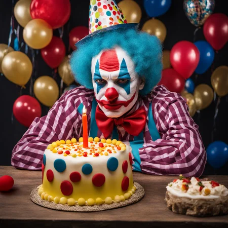 a sad clown, birthday party, cake