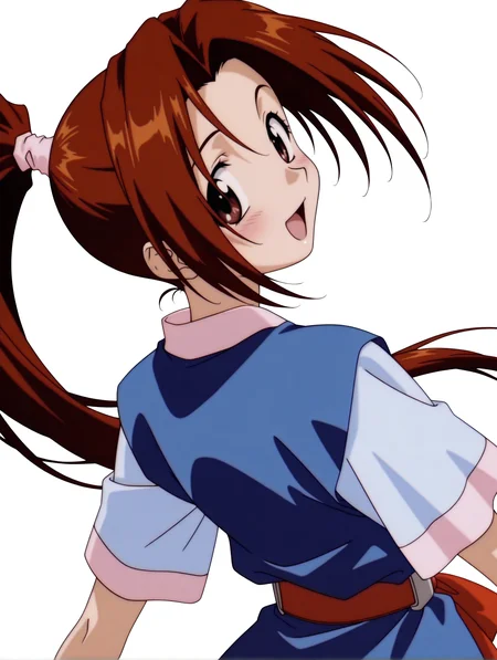 masterpiece,best quality,newest,
1girl,solo,
anime screencap,<lora:sakura_ilxl_v1.0>,sakura,high ponytail,brown hair,brown eyes,
s_clothes,short_sleeves,open clothes,belt,ribbon,black short culottes,
<lora:Fixhands_anime_bdsqlsz_V1:1>,open mouth,:d,blush,simple background,white background,looking_at_viewer,looking_back,from behind,from_back,upper_body,