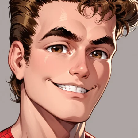 score_9,score_8_up,score_7_up,solo, 1boy, , spider-man,male focus, bodysuit, red bodysuit, superhero,,brown hair,thick eyebrows,smile,brown eyes