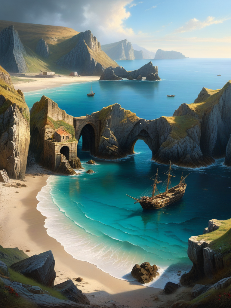 <lora:07RomanticismArt_Hap_XL:1>, romanticism oil painting, oil painting, An abandoned harbour on the coast, surrounded by rugged cliffs and a secret cave system that once hid pirates, dramatic light,  34K uhd, masterpiece, high detail, 8k, intricate, detailed, high resolution, high res, high quality, highly detailed, Extremely high-resolution details, fine texture,ï¼