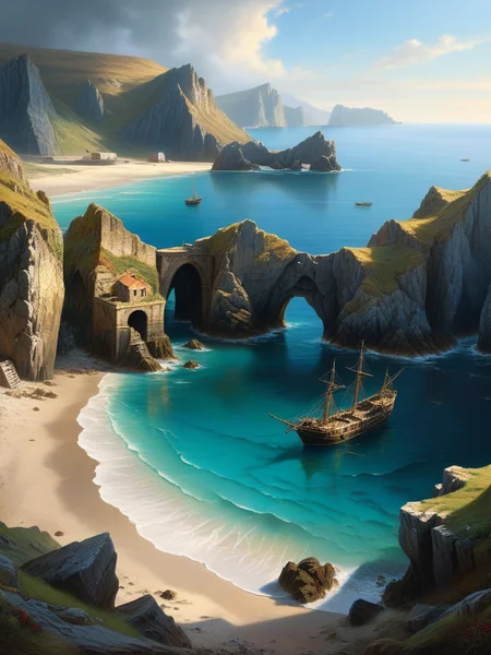 <lora:07RomanticismArt_Hap_XL:1>, romanticism oil painting, oil painting, An abandoned harbour on the coast, surrounded by rugged cliffs and a secret cave system that once hid pirates, dramatic light,  34K uhd, masterpiece, high detail, 8k, intricate, detailed, high resolution, high res, high quality, highly detailed, Extremely high-resolution details, fine texture,ï¼