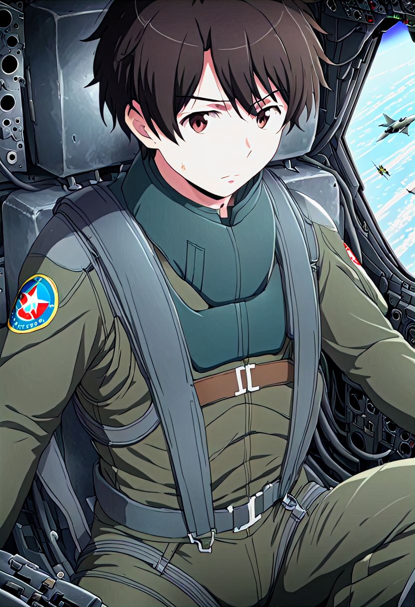 high resolution, solo, best quality, 1Boy, Inaho Kaizuka, Black hair, Brown Eyes, Pilot, Jet Fighter, Military, Military Uniform, military action, OverallDetail