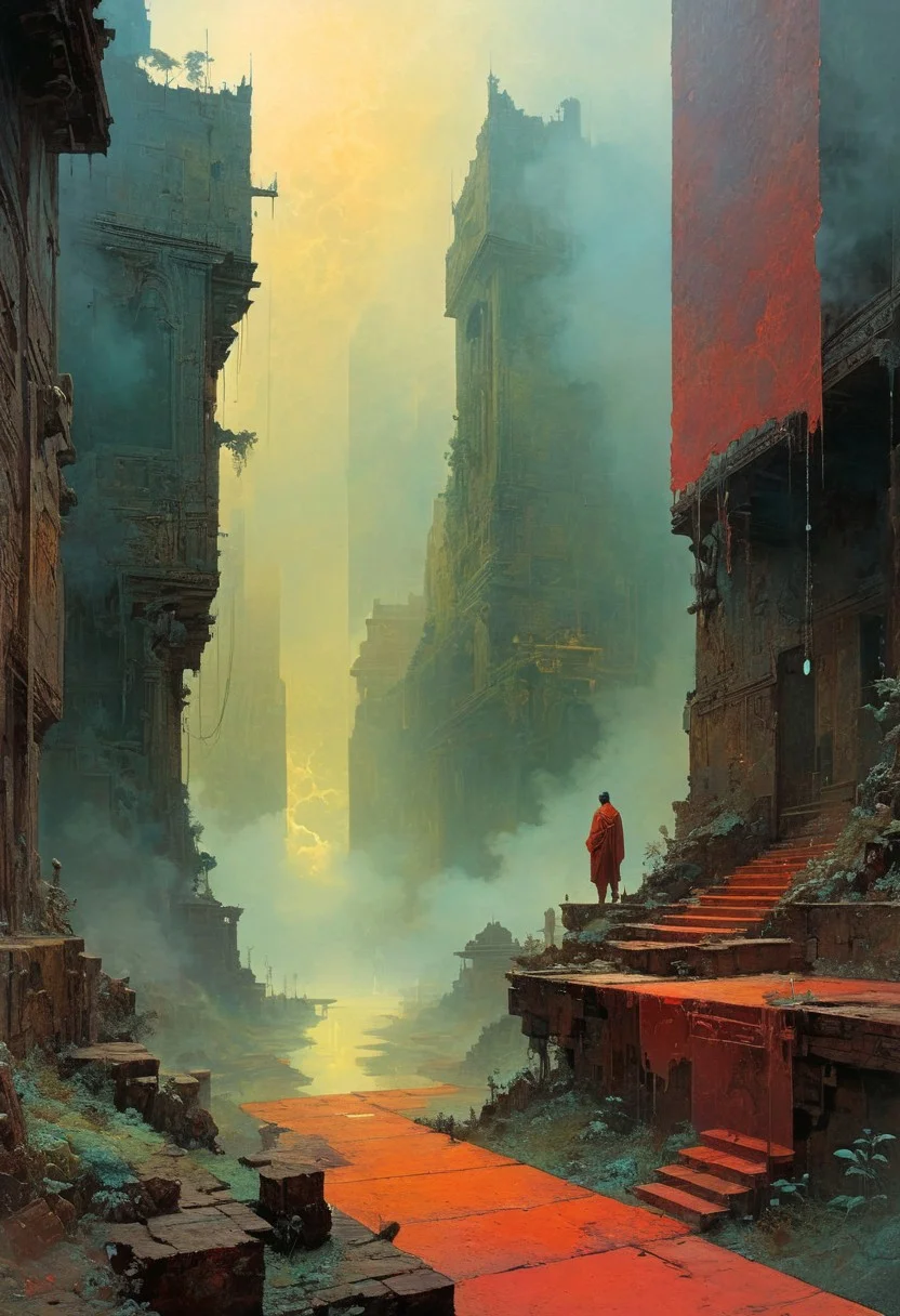 Artwork, cyberpunk, anime, Zen palace, dystopian fantasy, Beksinski, Adrian Ghenie, Mark Rothko, fog, light and shadow, fractal details, redundancy, hyper detailed,, frazetta style