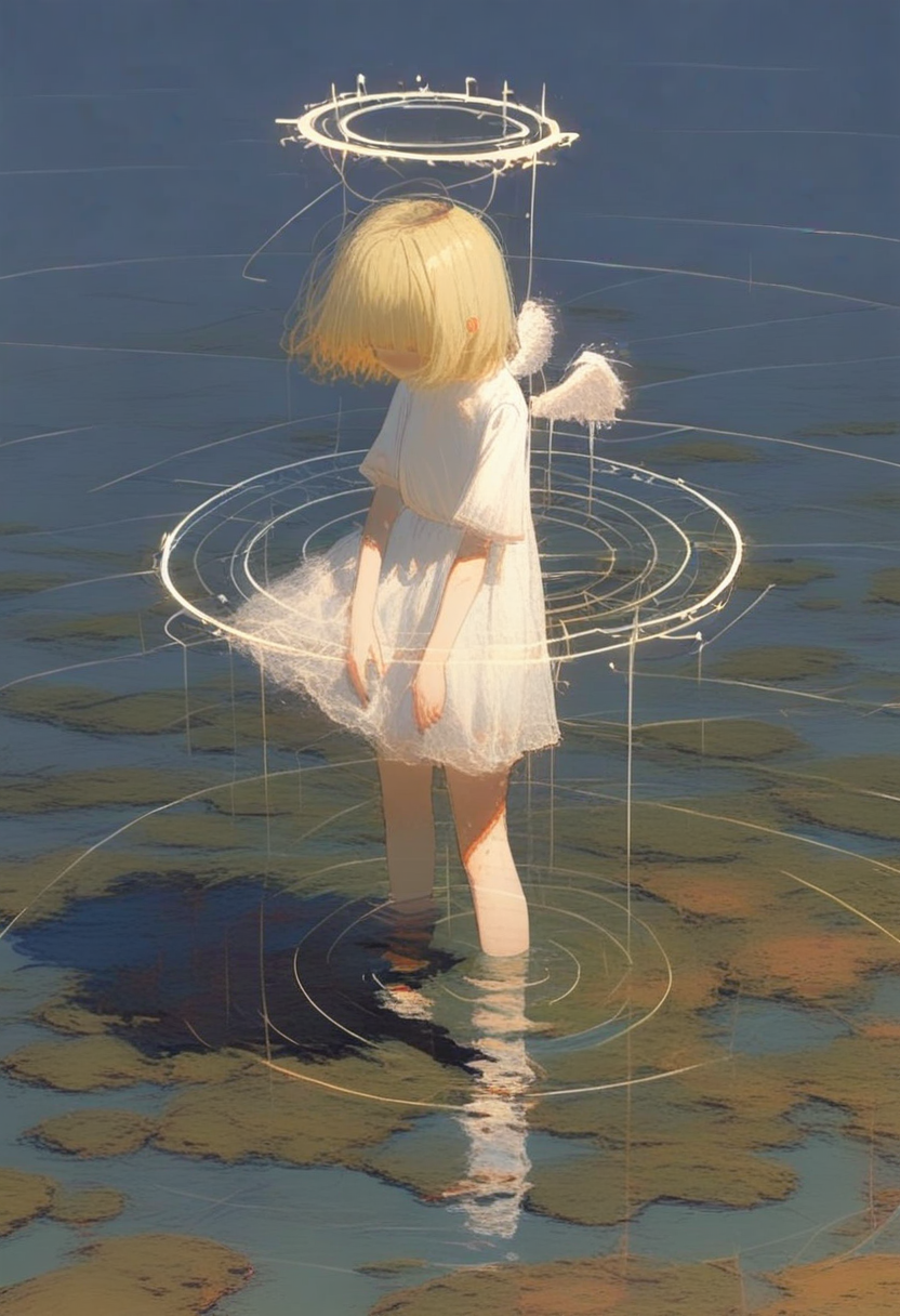 1girl, solo, halo, short sleeves, water, ripples, short hair, dress, standing, wading, blonde hair, white dress, shirt, reflection <lora:748cmXL_il_lokr_V5311P:0.95>