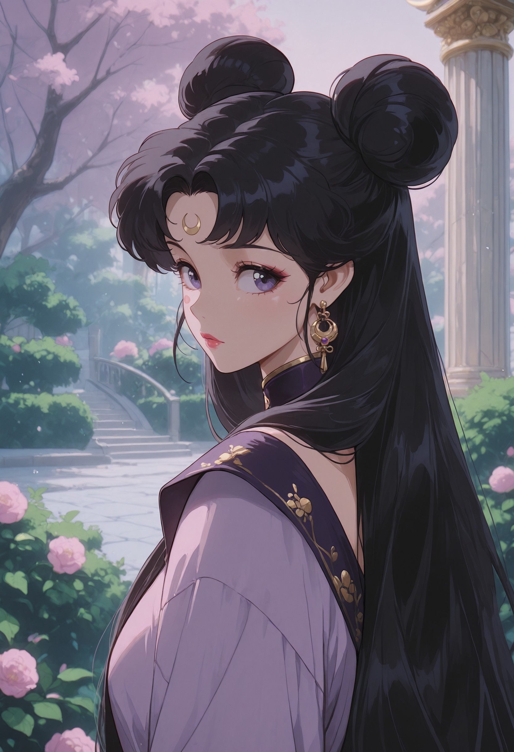 vntg2, vntg2, 1girl, solo, long hair, earrings, black hair, jewelry, facial mark, hair bun, double bun, bush, flower, crescent, crescent facial mark, forehead mark, looking at viewer, crescent earrings, outdoors, pink flower, purple eyes, looking back, pillar, piercing, upper body, garden, parted bangs, detailed lighting, masterpiece, best quality, (ultra-detailed), very aesthetic, beautifully drawn, elegantly detailed, newest, 8k, latest, vntg2, <lora:627b9559-11aa-4715-9edc-2ebc9fd63161:0.9>