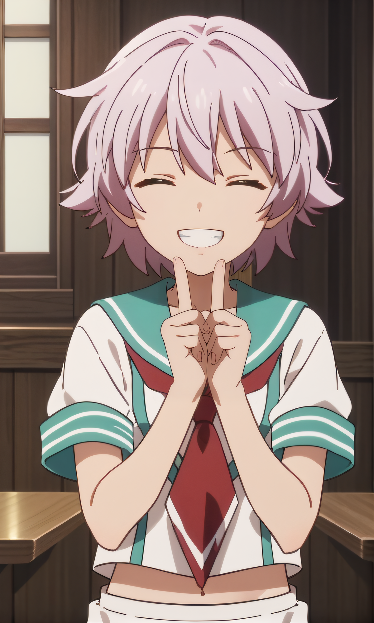 score_9, score_8_up, score_7_up, source_anime, rating_safe, intricate details, anime screencap, official style, anime coloring, 1girl, solo, <lora:Tama:1>, tama, short hair, closed eyes, serafuku, navel, short sleeves, white shorts, looking at viewer, smile, indoor, upper body, smile, teeth, grin, peace sign, hands up