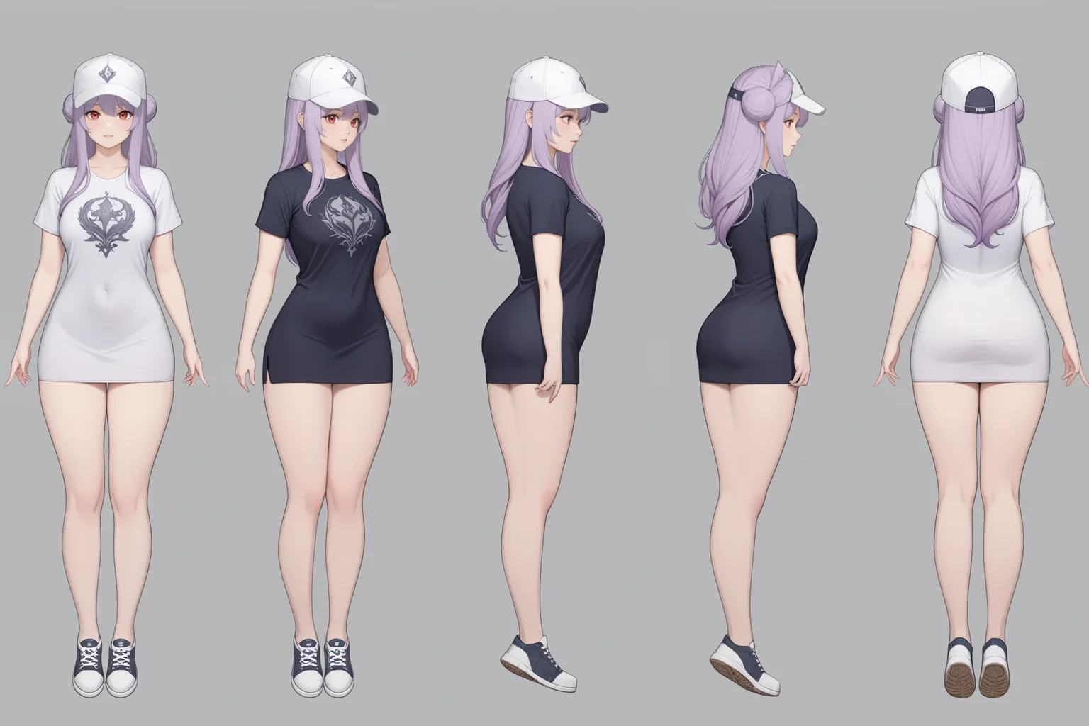(GENERAL:0), 1girl, masterpiece, best quality, very aesthetic, absurdres, solo, standing,
(VIEWS:0),  full body character turnaround of 1lady,
Multiple views of the same character in the same outfit,  simple background, white background, multiple views, side view, back view, front view,
very long hair, 
pointy hair,
triple bun hair,
lavender hair,
Athletic build,
Korean,
Fair Skin,
red eyes,
T-shirt dress, sneakers, baseball cap, 
sliver 
medieval  
theme character design,  
Derpy Hooves, Source_Pony, Feral,
 <lora:ClothTurnXL_v1-000003:.75>,
charturn,  <lora:CharTurnXL_v2:.25>, 
 <lora:xl_more_art-full_v1:.25>,
 <lora:Alphonse Mucha Style:.1>, Alphonse Mucha Style page
 <lora:å½é£æç»SDXL:.1>