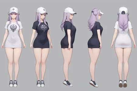 (GENERAL:0), 1girl, masterpiece, best quality, very aesthetic, absurdres, solo, standing,
(VIEWS:0), full body character turnaround of 1lady,
Multiple views of the same character in the same outfit, simple background, white background, multiple views, side view, back view, front view,
very long hair,
pointy hair,
triple bun hair,
lavender hair,
Athletic build,
Korean,
Fair Skin,
red eyes,
T-shirt dress, sneakers, baseball cap,
sliver
medieval
theme character design,
Derpy Hooves, Source_Pony, Feral,
<lora:ClothTurnXL_v1-000003:.75>,
charturn, <lora:CharTurnXL_v2:.25>,
<lora:xl_more_art-full_v1:.25>,
<lora:Alphonse Mucha Style:.1>, Alphonse Mucha Style page
<lora:å½é£æç»SDXL:.1>