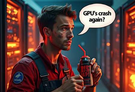 a Mechanic with grease smudged on his face with an energy drink in a burning Server room, distracted from Drinking, a monologue bubble with the text "GPU’s crash again?" brb