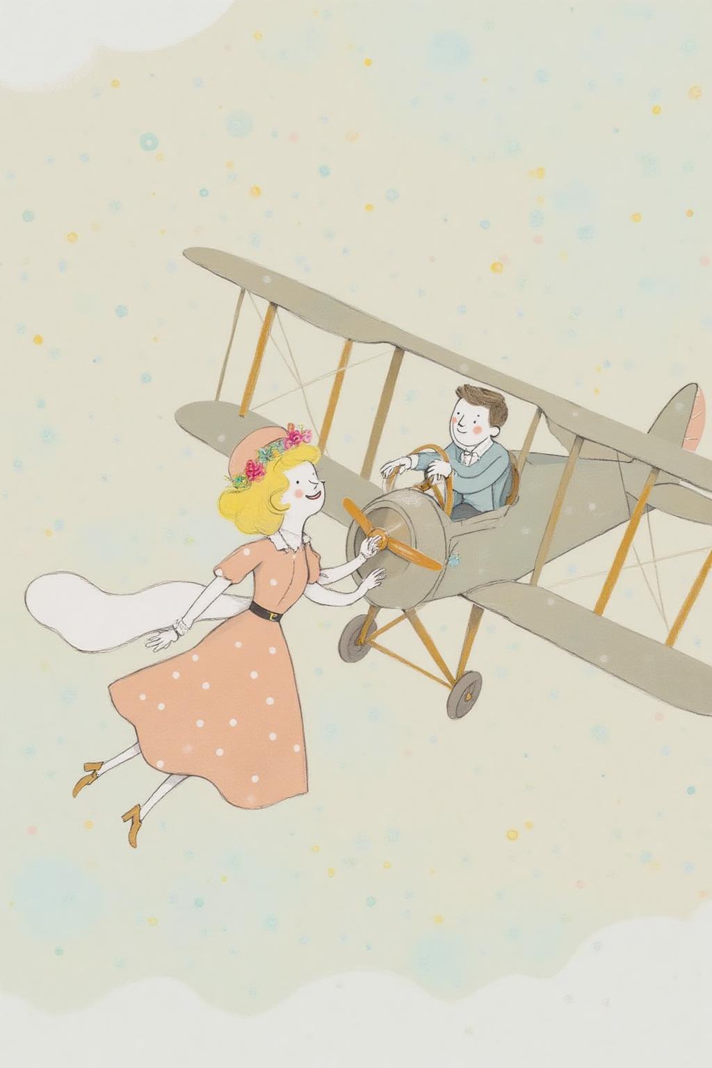 al1ca Illustration. 
A romantic scene of a couple on a vintage biplane. The woman, in the foreground, is a stylish woman with curly blonde hair adorned with a flower garland and wearing a light, flowing, peach-colored dress with a wide belt, a matching hat, and gloves. The man is piloting the biplane with his hands firmly on the steering wheel. <lora:al1ca1_cap_d6a3e11:1.0><lora:828070369261850150:0>
