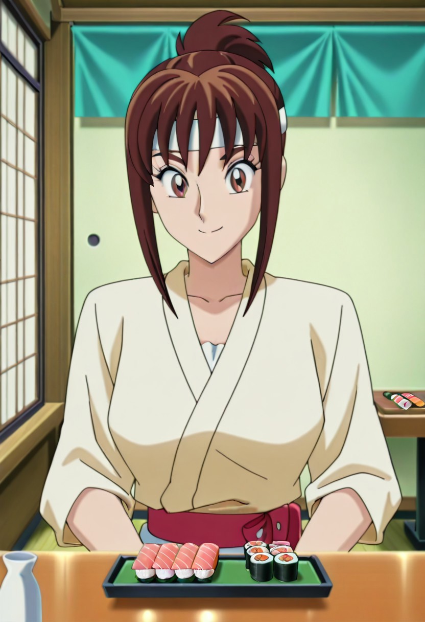 masterpiece, anime screencap, anime coloring, official style,
1girl, solo,
(kochikame,Matoi Giboshi,brown hair, brown eyes, ponytail, white headband,white Kappogi),smile,
standing, SUSHI, sake:1.2, table,across table, japanese restaurant,
sushi bar,holding sushi next to his body,