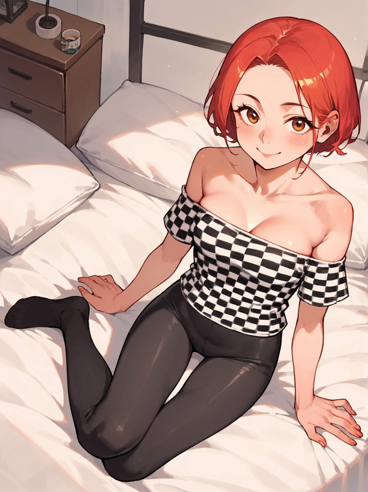 score_8_up, score_7_up, score_6_up, source_anime, 1girl, solo, bedroom, sitting, from above
smile, 
checkered top, strapless  <lora:Checkered_Top:1>
leggings