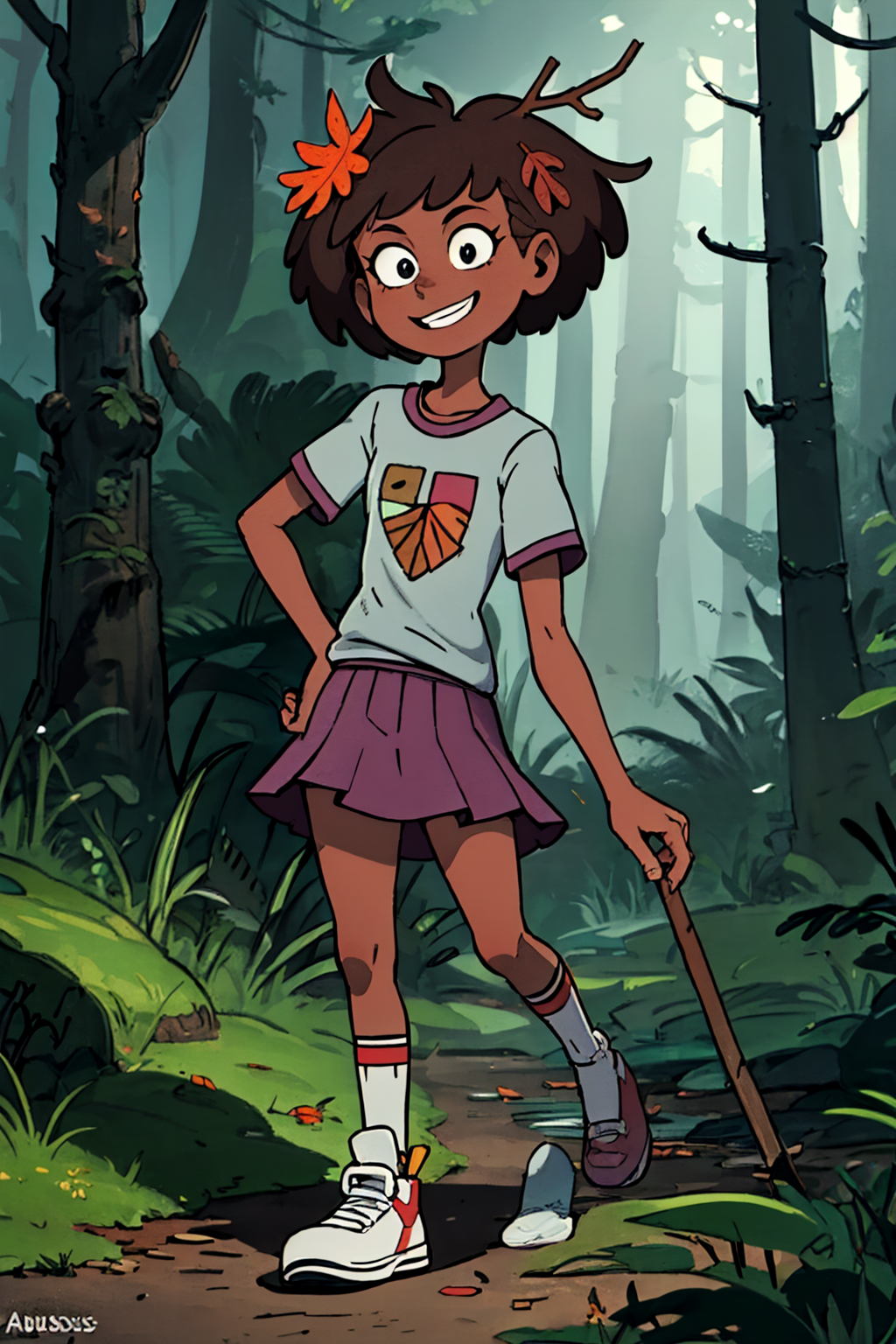 <lora:AnneAmphibia2.0:0.7> anne, 1girl, short hair, dark-skinned female, leaf on head, grey shirt, skirt, one shoe, single_sock, looking at viewer, smile, forest, best quality, high quality, masterpiece, absurdres,