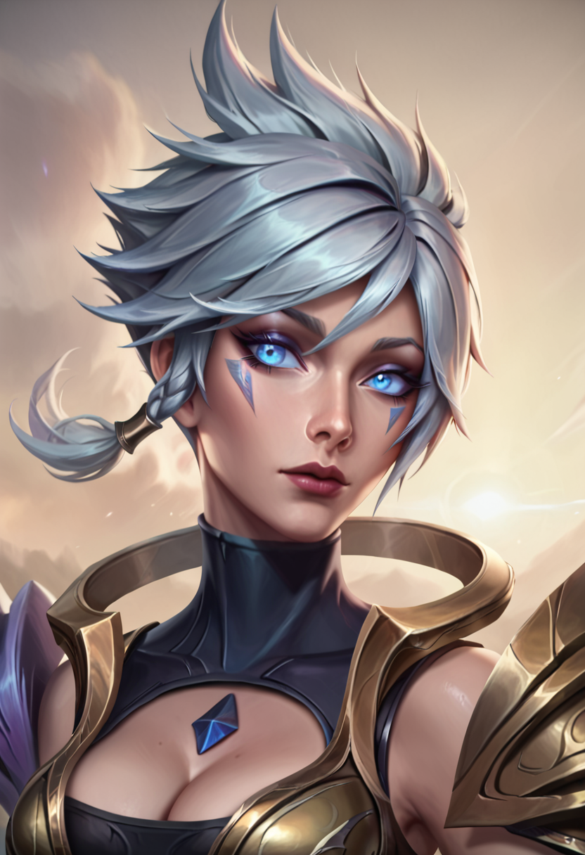 score_9, score_8_up, beautiful, gorgeous, pretty, perfect, masterpiece, high detail, (1 girl:2), (detailed face:1.8), (face focus:1.5), (zoom in:1.4), league of legends, league_of_legends, DBRiven, silver hair, golden armor, black bodysuit, bodysuit, golden shoulder armor, sidebraid, silver eyes, cleavage, short hair, (upper body:1.6), torso, Riven <lora:Dawnbringer_Riven_PonyXL:0.8>