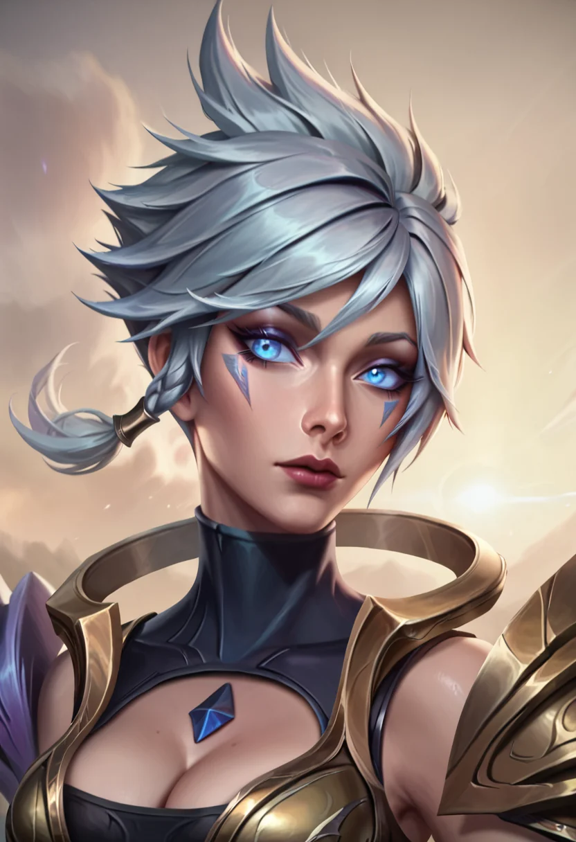 score_9, score_8_up, beautiful, gorgeous, pretty, perfect, masterpiece, high detail, (1 girl:2), (detailed face:1.8), (face focus:1.5), (zoom in:1.4), league of legends, league_of_legends, DBRiven, silver hair, golden armor, black bodysuit, bodysuit, golden shoulder armor, sidebraid, silver eyes, cleavage, short hair, (upper body:1.6), torso, Riven <lora:Dawnbringer_Riven_PonyXL:0.8>