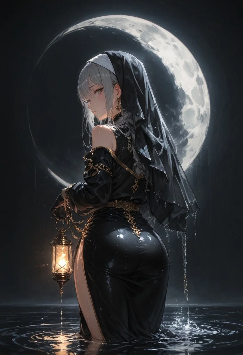 best quality, amazing quality, very  esthetic, newest, scenery, high-resolution, masterpiece,
1girl, solemn, confident, look back ,solo ,silver hair, braided hair, habit, black uniform, wet body ,open shoulder, high slit,  ,golden trimmed, earrings, jewelry, holding lantern ,gloves,
 dark background , water, moon light, reflection.