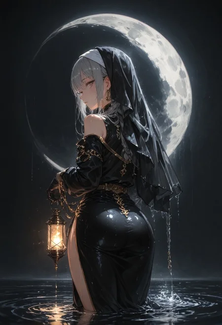 best quality, amazing quality, very esthetic, newest, scenery, high-resolution, masterpiece,
1girl, solemn, confident, look back ,solo ,silver hair, braided hair, habit, black uniform, wet body ,open shoulder, high slit, ,golden trimmed, earrings, jewelry, holding lantern ,gloves,
dark background , water, moon light, reflection.