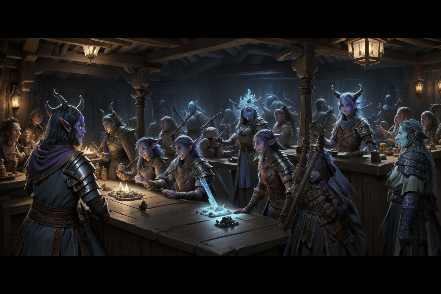 (Everyone looking at camera  making a ral-drp face) +++. A whimsical war brewing in a well lit brightly colored High resolution 8K Fujifilm photograph professionally staged, professional lighting, panoramic view <lora:Fantasy_ClassesXL:1> <lora:Fantasy:0.8> <lora:Fantasy_Races_XL:1> (2 large tiefling  sorcerer  ral-drp at 1 timid blue dragonborn  artificer)+++(1goblin barbarian makes   ral-drp faces at 1 firbolg monk)++, (1water genasi Paladin  dancing with  ral-drp face 1halfling warrior)++ (1 shifter attends the counter in the tavern) <lora:DonMD34thM4g1cXL_v3.0:0.8> DonMD34thM4g1cXL <lora:ral-drp:0.8> ral-drp