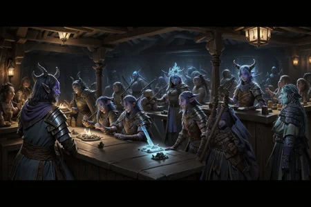 (Everyone looking at camera making a ral-drp face) +++. A whimsical war brewing in a well lit brightly colored High resolution 8K Fujifilm photograph professionally staged, professional lighting, panoramic view <lora:Fantasy_ClassesXL:1> <lora:Fantasy:0.8> <lora:Fantasy_Races_XL:1> (2 large tiefling sorcerer ral-drp at 1 timid blue dragonborn artificer)+++(1goblin barbarian makes ral-drp faces at 1 firbolg monk)++, (1water genasi Paladin dancing with ral-drp face 1halfling warrior)++ (1 shifter attends the counter in the tavern) <lora:DonMD34thM4g1cXL_v3.0:0.8> DonMD34thM4g1cXL <lora:ral-drp:0.8> ral-drp