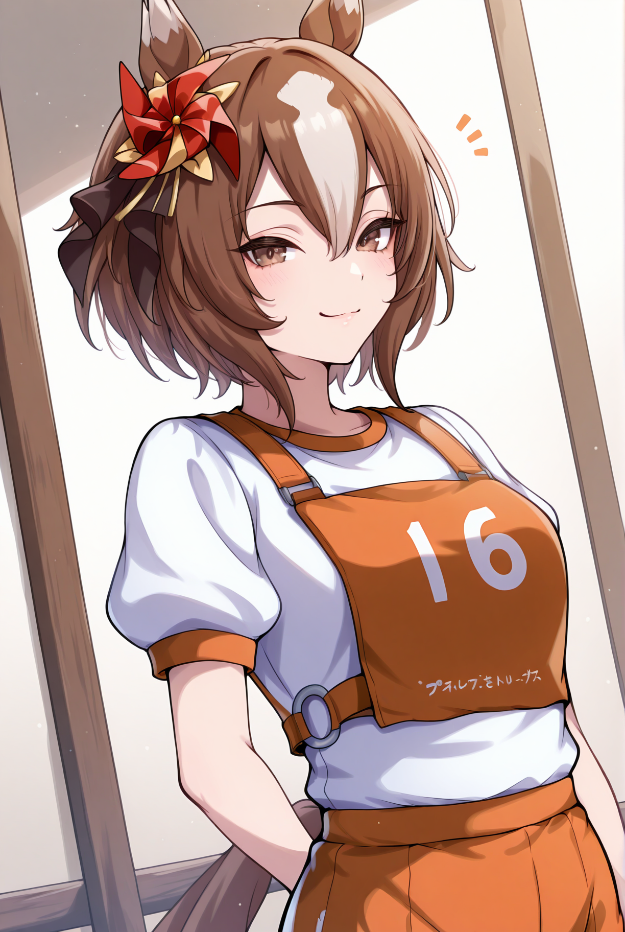 (masterpiece, best quality, newest, absurdres, highres),
dutch angle, looking at viewer, smile, japanese text, number,
ynmtk, horse ears, horse tail, small breasts, brown eyes, two-tone hair, brown hair, white hair, hair between eyes, short hair, pinwheel hair ornament, umaRace, orange shorts, white gym shirt, puffy short sleeves, orange race vest, upper body,
<lora:Hoseki_UmaMusume_YaenoMuteki_IllustriousXL_v1:1> <lora:UmaRaceILV1:1>