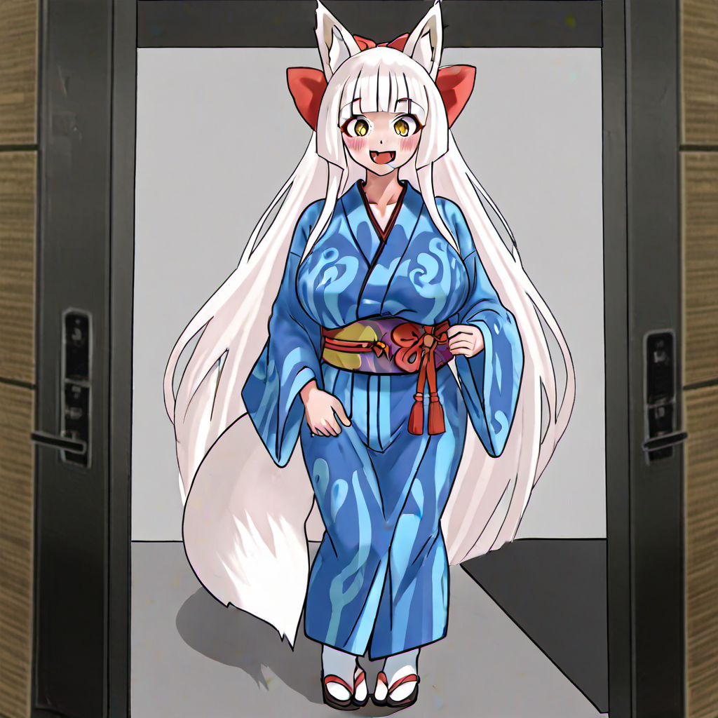 1girl, huge breast, :d, animal ears, blue kimono, blunt bangs, blurry, blurry background, blush, bow, fang, film grain, fox ears, fox tail, full body, hair bow, hair ornament, holding, japanese clothes, kimono, kinchaku, long hair, long sleeves, looking at viewer, obi, open mouth, pouch, red bow, sash, shadow, skin fang, smile, socks, solo, standing, tabi, tail, very long hair, white hair, white tail, yellow eyes, yukata, zouri,