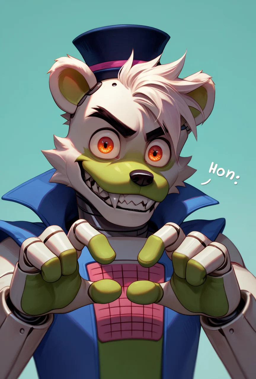 <lora:saucebear_ponyxl-10v1.1:1.7> score_9, score_8_up, score_7_up, BREAK, outdoor, solo, (source_furry), (saucebear), crazy smile, handsome face, (thinking pose:1.5), (large canines, sabertooth), bear ears, deep blue hat, bear ears, glowing orange eyes, ((white fur:1.5, green color front chest, gray neck, metallic neck:1)), green fingers, (four fingers on the each arms), perfect hands, (big eyes, big eye sockets), wearing blue vest, detailed hat, male focus, detailed face, detailed ears, detailed hands, (detailed clothing), (detailed body), detailed hair, looking at viewer, flat chest:1.5, zPDXL2,
<lora:Pony_DetailV2.0:1> <lora:add-detail-xl:0.55> <lora:detailed_notrigger:0.35> EyeDetail-SDXL <lora:hand 4:0.20>