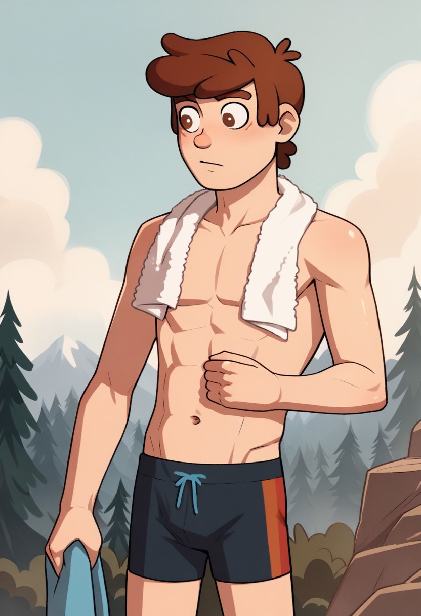 score_9, score_8, score_7, incogstyle, gfdipper, 1boy, brown hair, shirtless, male focus, topless male, towel over shoulders, boxers, outdoors
