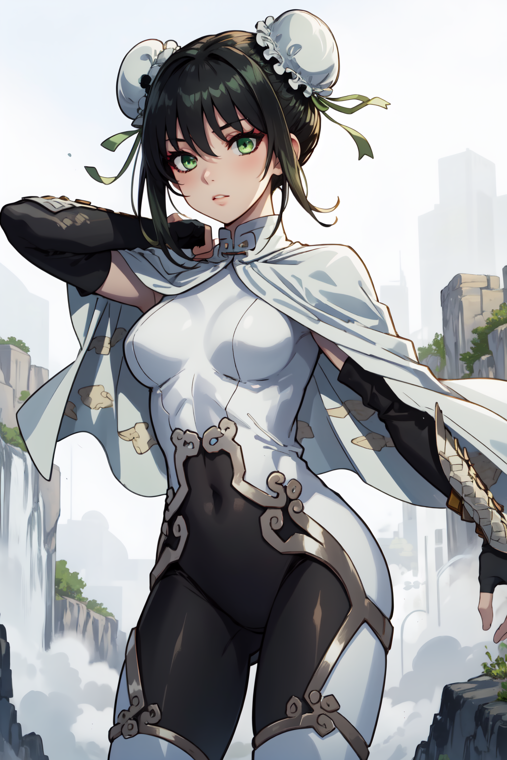 (masterpiece, best quality),  intricate details,
1girl,  <lora:qin liangyuV1:0.8> qin liangyu, bun cover, double bun, green ribbon, green eyes, black hair, short hair, sidelocks, bodysuit,  white cape, fingerless gloves,