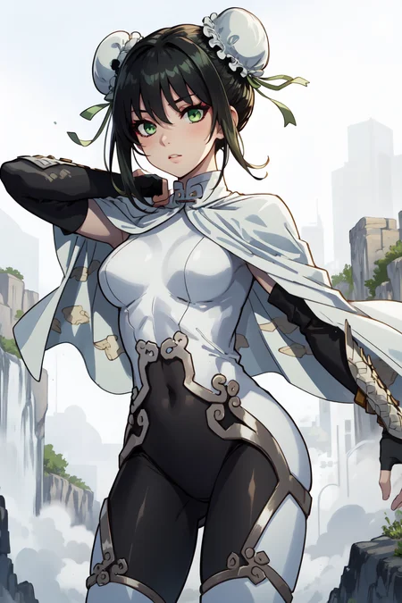 (masterpiece, best quality), intricate details,
1girl, <lora:qin liangyuV1:0.8> qin liangyu, bun cover, double bun, green ribbon, green eyes, black hair, short hair, sidelocks, bodysuit, white cape, fingerless gloves,