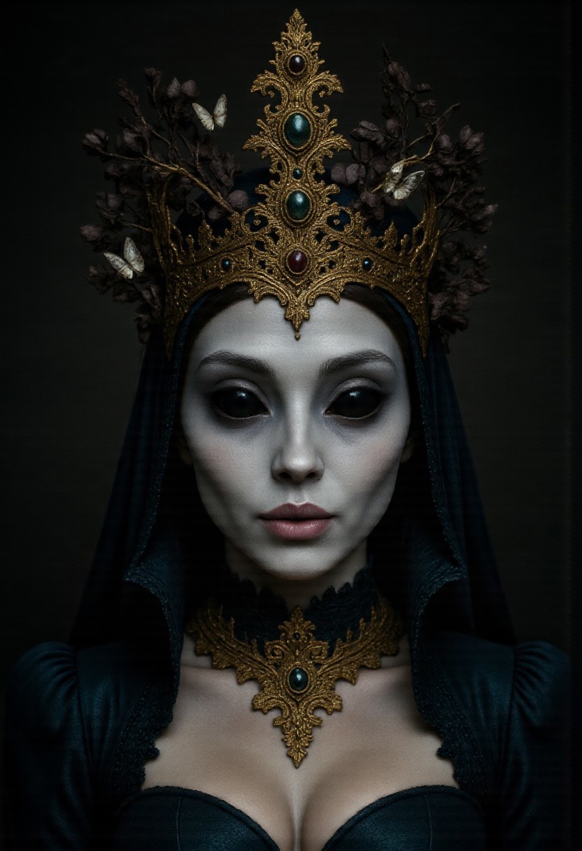 Qu33n,Large Black eyes,Gray skin,Her face, captured in unnerving stillness, glows faintly in the gloom — not from life, but from something old and unnatural. Her skin is like frost-kissed gray, subtly veined with blue-green, like old porcelain left in the dark. Small golden moths flutter silently around her temples, drawn to her crown of twisted roots, blackened rose stems, and shards of antique mirrors — each one reflecting distorted glimpses of forgotten prayers.
Her eyes are vast and wet with timeless grief, framed by curling lashes dusted in ash. Deep black eyes,almond shaped. Her thick lips, dark as dried blood, part slightly, revealing teeth that are almost human… but not quite. From her left eye, a single tear of black ichor hangs, unmoving — suspended like a relic of pain too ancient to fall.
Bioluminescent veins pulse gently beneath the thin skin of her throat, illuminating the delicate lace choker stitched from funeral shrouds and spider silk. Her breath fogs the air in tiny clouds, though the chamber is deathly still. The sound is faint: the ticking of a broken music box, echoing from somewhere deep within her chest.
She is a thing of beauty, dread, and memory — a saint of sorrow and a monster of midnight.