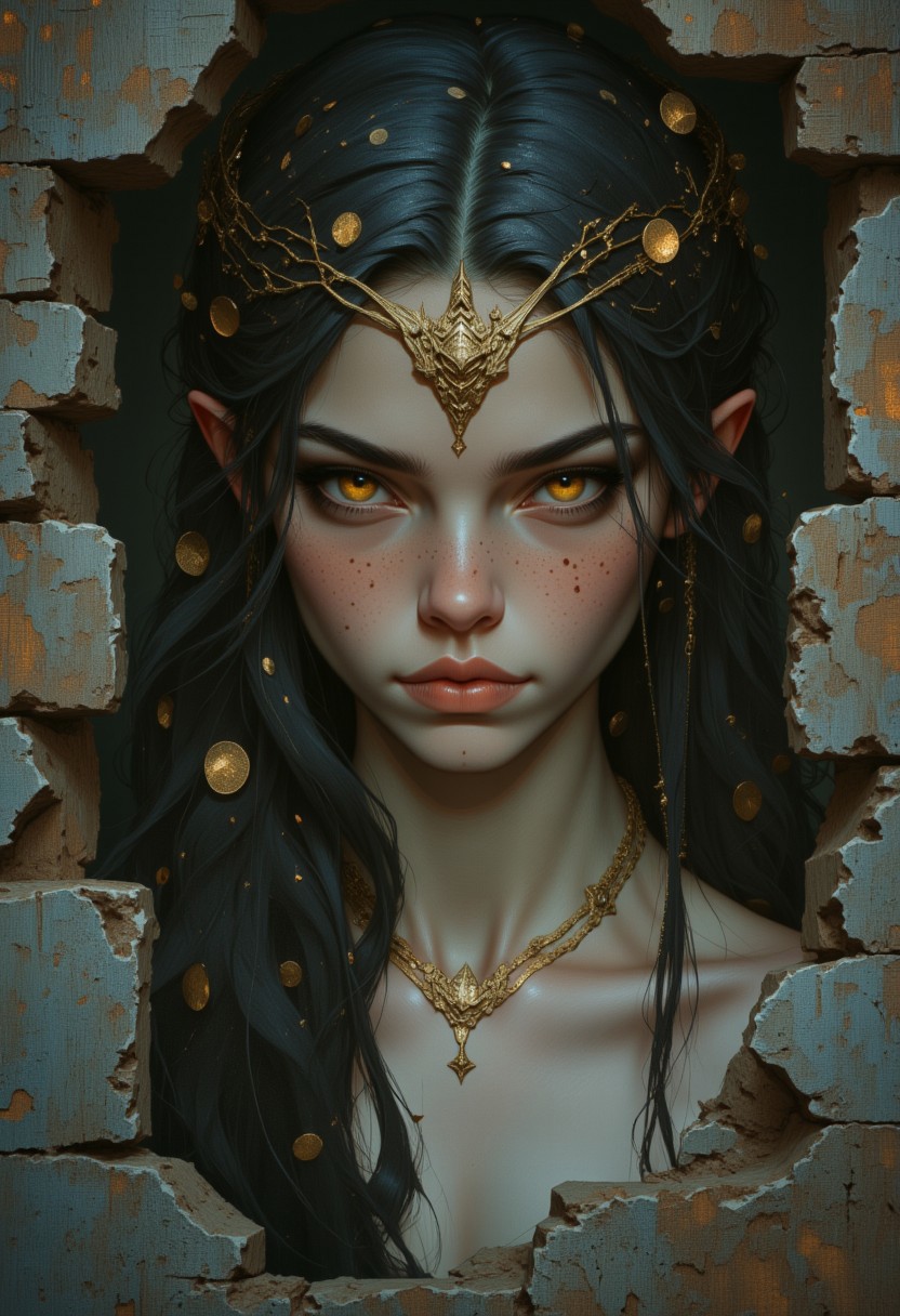 Unfazedfantasii, vantablack, OBxiaoxiang
photorealistic masterwork digital painting, hyper-realistic, 
A striking gorgon, her face captivating despite the danger it holds. Her serpentine hair coils and shifts subtly, each scale catching the dim light and adding texture to her deadly elegance. Her golden eyes glimmer like polished coins, framed by a defiant gaze that seems to dare the viewer to meet them. Faint, intricate patterns resembling scales trace along her cheekbones, blending seamlessly into her smooth, pale skin. The stone ruins of an ancient temple blur softly in the background, suggesting her domain without distracting from her hypnotic visage. 
 The art style is highly detailed, cinematic, and fantasy-inspired, with a focus on dramatic lighting, soft glows, and a slightly dark, mystical mood.