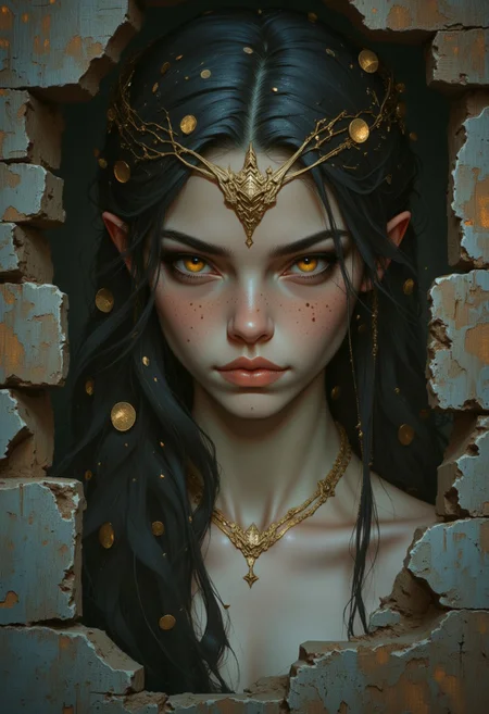 Unfazedfantasii, vantablack, OBxiaoxiang
photorealistic masterwork digital painting, hyper-realistic, 
A striking gorgon, her face captivating despite the danger it holds. Her serpentine hair coils and shifts subtly, each scale catching the dim light and adding texture to her deadly elegance. Her golden eyes glimmer like polished coins, framed by a defiant gaze that seems to dare the viewer to meet them. Faint, intricate patterns resembling scales trace along her cheekbones, blending seamlessly into her smooth, pale skin. The stone ruins of an ancient temple blur softly in the background, suggesting her domain without distracting from her hypnotic visage. 
 The art style is highly detailed, cinematic, and fantasy-inspired, with a focus on dramatic lighting, soft glows, and a slightly dark, mystical mood.