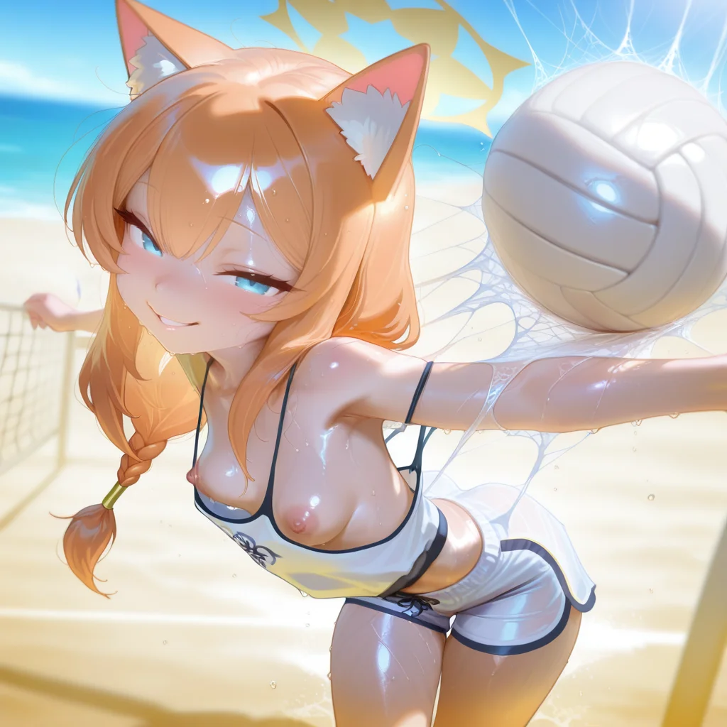 mari \(blue archive\), orange hair,
,
sea beach, perfect face, cute, sexy, happy, parted lips, cowboy shot, seductive face, nipples under topic, depth of field, sport field on beach background, outdoor, volleyball ball, silk top, wet silk shorts, sleveless, bareshoulder, dynamic pose, sideboob, dynamic angle ((bottom view))
,
masterpiece, best quality, very aesthetic, absurdres, Detailed face, detailed background, <lora:Vibrant_Mix_E9:0.8>