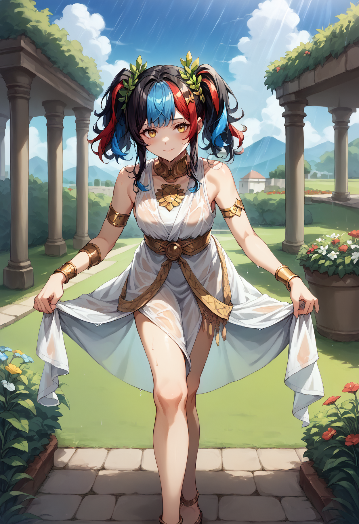 score_9, score_8_up, score_7_up, source_anime, 1girl, solo, looking at viewer, long hair, twintails, multicolored hair, black hair, red hair, blue hair, ancient greek clothes, sleeveless, (peplos), jewelry, (laurel crown:1.2), hair ornament, see-through, outdoors, garden, sunlight, day, bush, hydrangea, (rain), wet, skirt hold bowing, leaning forward, crossed legs, yellow eyes, hair ribbon, bracelet, blue sky, grass, flower, wet clothes, wet hair, wet dress, see-through dress, smile, closed mouth, blush, embarrassed