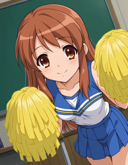 score_9, score_8_up, score_7_up, source_anime,
mikuruasahina, <lora:mikuru-asahina-s1-ponyxl-lora-nochekaiser:1>,
mikuru asahina, long hair, brown hair, brown eyes,
skirt, pleated skirt, blue skirt, cheerleader, pom pom \(cheerleading\), sleeveless,
indoors, classroom, bent over, smile,
looking at viewer, dutch angle, cowboy shot, solo,