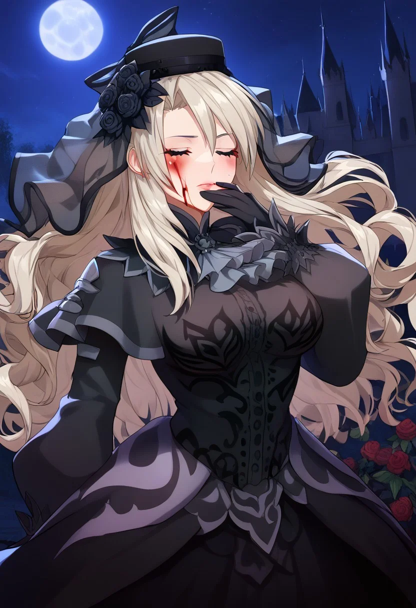 (score_9, score_8_up, score_7_up, high quality, best quality, ultra-detailed, very aesthetic, illustration, perfect composition, intricate details, absurdres, high res image, masterpiece, vibrant colors, beautiful face, detailed face, 1girl, solo focus, perfect eyes, detailed eyes, perfect hands), female, grey eyes, grey hair, long hair, curly hair, mole under eye, makeup, pale skin, full lips, large thighs, perfect body, fit body, voluptuous, large breasts, curvy body, narrow-waisted, wide hips, (ascot, black capelet, black dress, black flower, black gloves, black headwear, black rose, capelet, dress, flower, gloves, hat, long sleeves, rose, veil), (blood spatter on face, closed eyes, downcast head), (fantasy, outdoors, castle, night, night sky, moon)