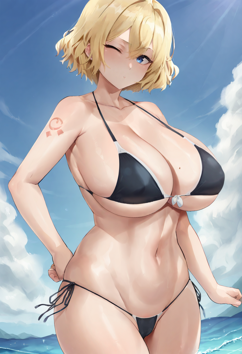 score_9, score_7_up,  1girl, 
huge breasts, wide hips, thick thighs, wavy hair, underwear, hair between eyes, shiny skin, breasts, blonde hair, hand on own hip, taut clothes, collarbone, thighs, black bikini, covered nipples, underboob, cameltoe, panties, swimsuit, side-tie panties, tattoo, bikini, blue eyes, thong bikini, bare shoulders, string bikini, navel, cleavage, g-string, short hair, side-tie bikini bottom, light blush, taut swimsuit, solo, one eye closed
 <lora:hotate-chan-Style-PonyXL-GLoRA-000046:1>
