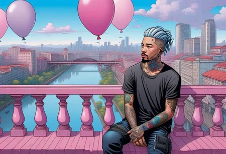 anime, a man with tattoos on his face rested on the railing of a bridge, city day, holiday, pink and blue balloons, a bridge with wooden columns and arches, a wooden floor ,(((light silver hair))), dense pink city background, day, tall buildings, cyberpunk, cyberpunk art, retrofuturism<lora:Cyberpunk _Anime_sdxl:1.0>, vfx environment, ambient occlusion, highlights, corect eyes, black jacket with bedding,(((high - rise buildings)))