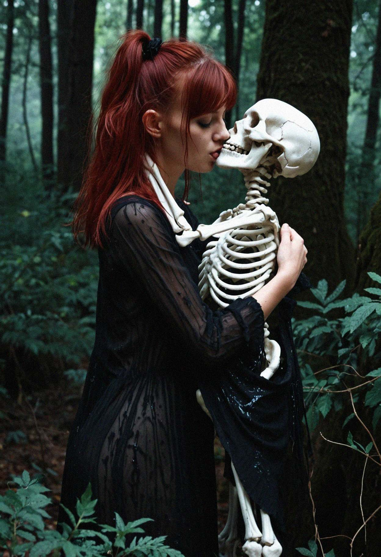 score_9_up, photo \(medium\), paid reward, photorealistic, realistic, , thin body, wet-look hairstyle, deep red hair color, 1girl, 26yo woman, clothed, dynamic pose, girl kissing a skeleton, spooky skeleton, in a forest