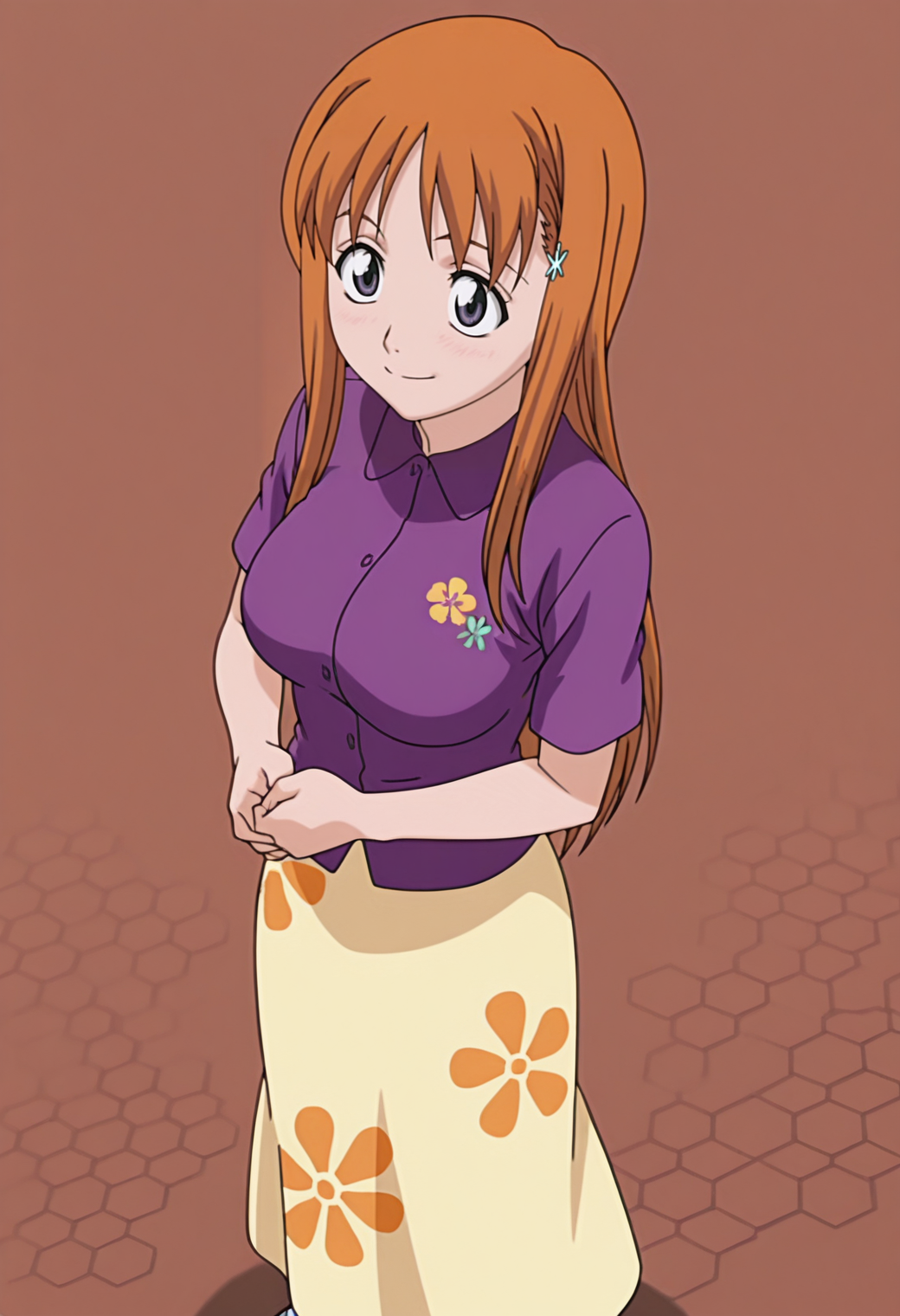 masterpiece, best quality, amazing quality, anime screencap, anime coloring, 1girl, solo,   <lora:DX888Orihime:1> inoue orihime, grey eyes, orange hair, long hair,
hairclip, polo shirt, purple shirt, long skirt, floral print, BREAK brown background, honeycomb background,  (simple background:1.2) BREAK  (dynamic pose:1.2), smile, blsuh, fist in hand, standing, balancing, from above,