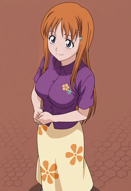 masterpiece, best quality, amazing quality, anime screencap, anime coloring, 1girl, solo, <lora:DX888Orihime:1> inoue orihime, grey eyes, orange hair, long hair,
hairclip, polo shirt, purple shirt, long skirt, floral print, BREAK brown background, honeycomb background, (simple background:1.2) BREAK (dynamic pose:1.2), smile, blsuh, fist in hand, standing, balancing, from above,