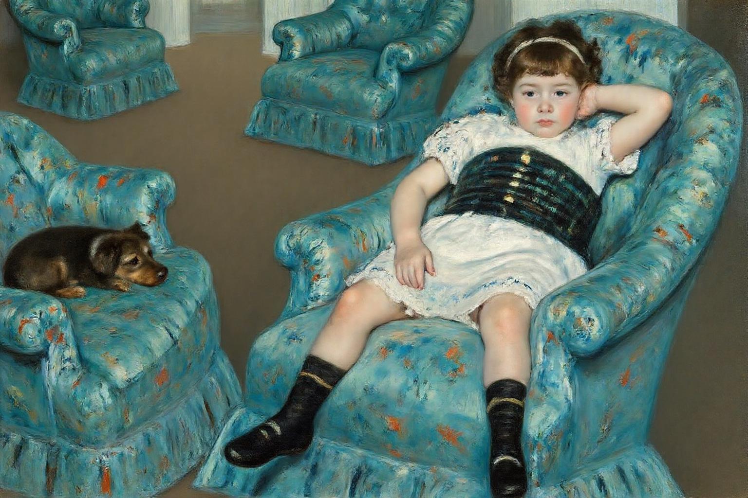 marycassatt1 painting
a young girl lounging in an armchair with a similar chair and a small dog nearby, set against a softly lit interior.  <lora:marycassatt1_cap_d6a3e17:1.0><lora:833895362822566869:0>