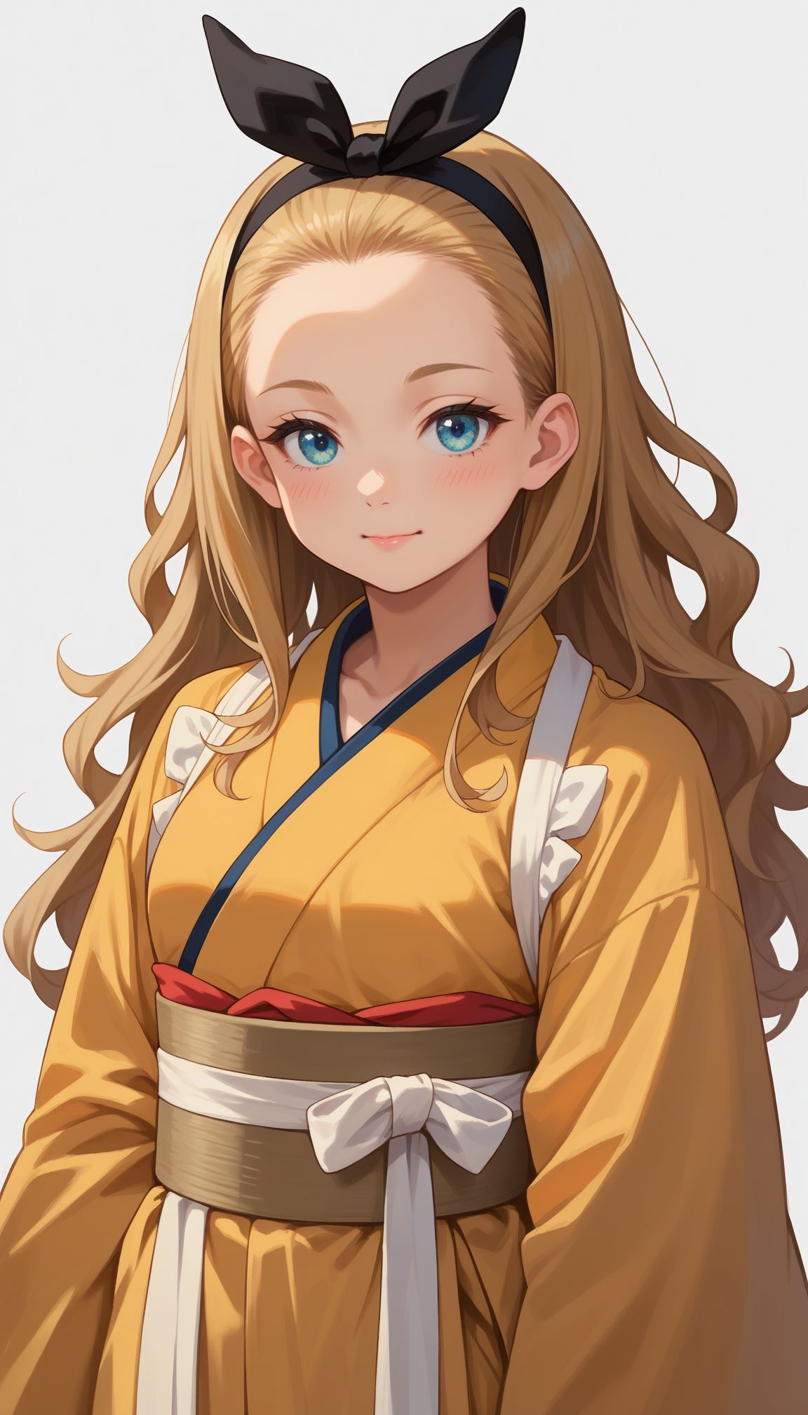 score_9, score_8_up, score_7_up, score_6_up, , solo, 20yo woman, (Beuty:1.1) , (cute:1.3), ,perfecteyes , seductive smile,perfect (photo realistic:1.2), (simple background:1.1), 
 <lora:Kurumi:1> kurumi \(lycoris recoil\), 1girl, japanese clothes, long hair, blonde hair, forehead, blue eyes, black hairband, tasuki, yellow kimono, hair ribbon, black ribbon, blush, sash, apron, obi, bow hairband,