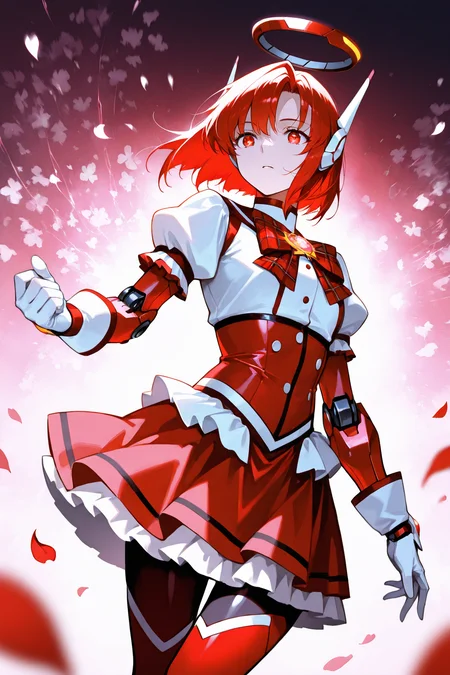 magical girl outfit, Jed-rbt, magical girl, 1girl, dynamic angle, score_9, score_8_up, score_7_up,source_anime, RED hair, magical girl made of silver and red glow, head gear, robot ears, bright red energy, cyborg girl, white gloves, mechanical arm, buttons, skirt, plaid bow, mechanical halo, Depth of field, cinematic shadows, sharp focus, dynamic lighting, star, [(bloom background:1.2)::0.2], (petal background:1.2), masterpiece,best quality,amazing quality,very aesthetic,absurdres,newest,detailed eyes, <lora:magical-girl-outfit-il-01:1> <lora:RoboStyle:1>