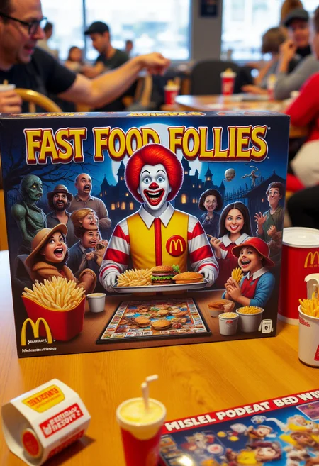 The image is a photograph of the box for the board game "Fast Food Follies" featuring a vibrant, colorful design. The box is rectangular and prominently displays the McDonald's golden arches logo on the lower left side. The top part of the box showcases a whimsical scene with several characters dressed in McDonald's employee uniforms, including red and white striped aprons and hats, and colorful aprons. The main character in the center is a scary clown with bright red hair, a white face, and a wide smile, dressed in a yellow vest and white shirt, holding a tray of food. The background depicts a lively, cartoonish setting with a spooky, Halloween-themed graveyard at night, with a spooky mansion that appears to be on fire in the background, illuminated by a full moon. Various McDonald's food items, such as fries, burgers, and drinks, are scattered around the characters. The board game is sitting on a table at a fast food restaurant, surrounded by fast food mascots.
 <lora:Board_Game_Boxing_FLUX:0.9>