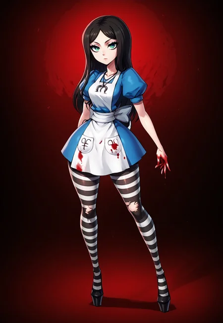safe_pos, beautifyl eyes, e((extra thicc))), one woman, sexy,(big normal hands,) (, extra thick thighs, , ,female, 1girl tall female,  expressionless , sexy pose, alone,,mcgeealicewhite apron,, necklace, dark alice, Alice: Madness Returns, blood, green eyes, high heels, high waist ttorn striped pantyhose (((long legs)))tall,